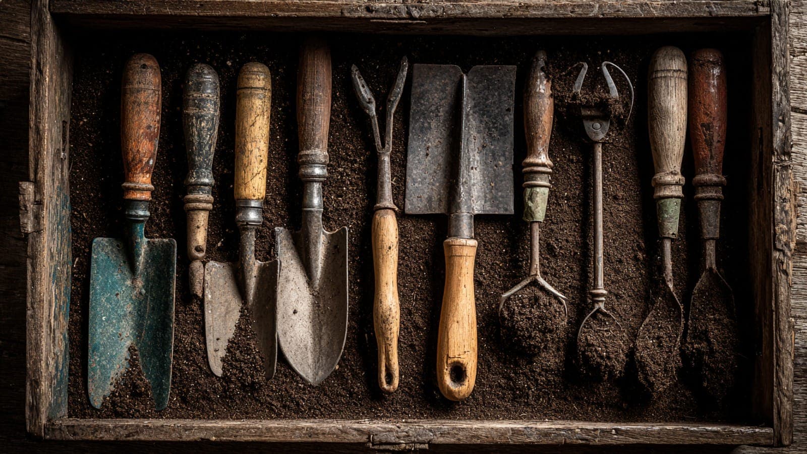 Flatlay of hand gardening tools in soil inside a wooden tray