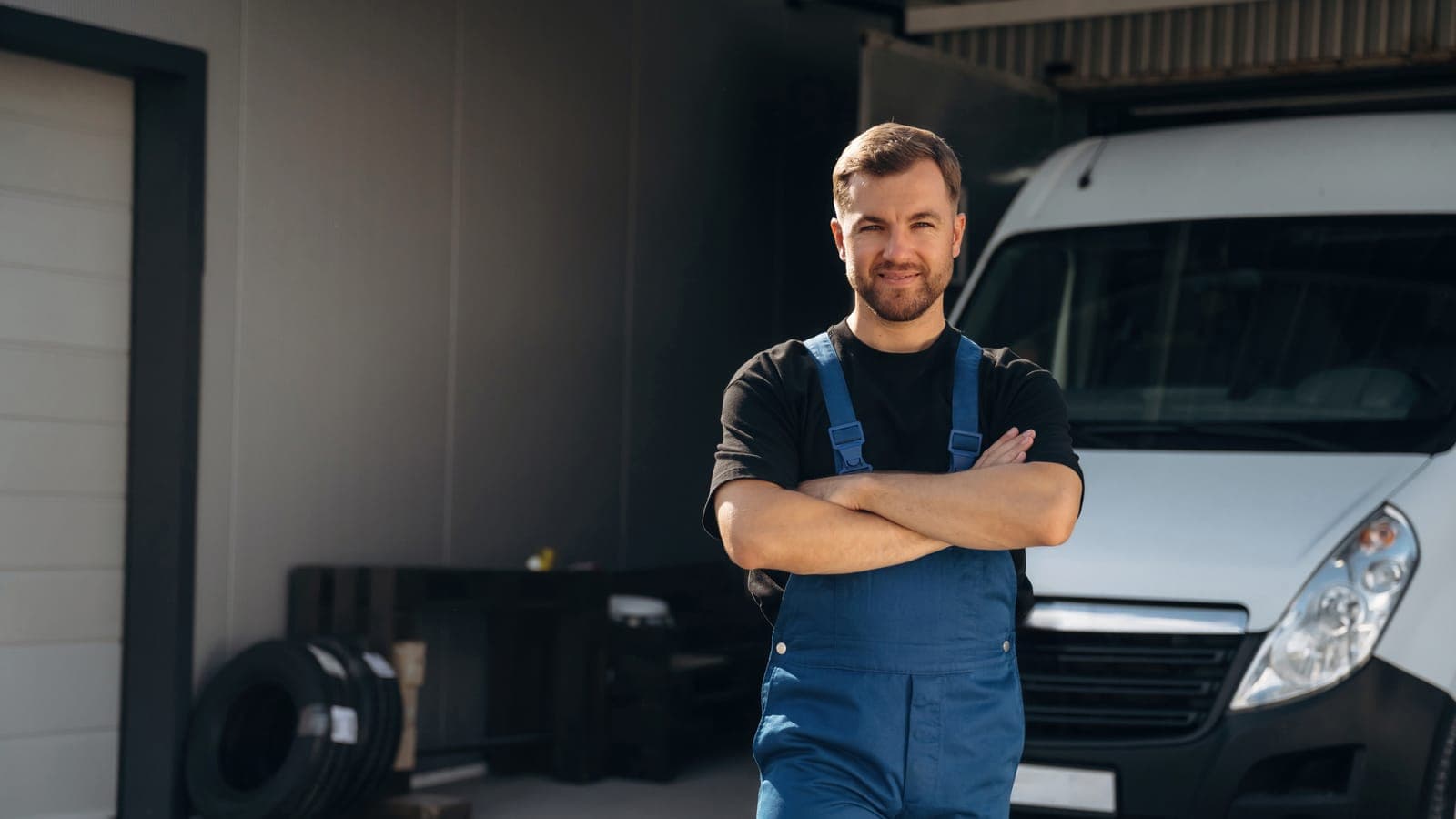 Smiling tradesperson in blue overalls with arms crossed in front of a white work van