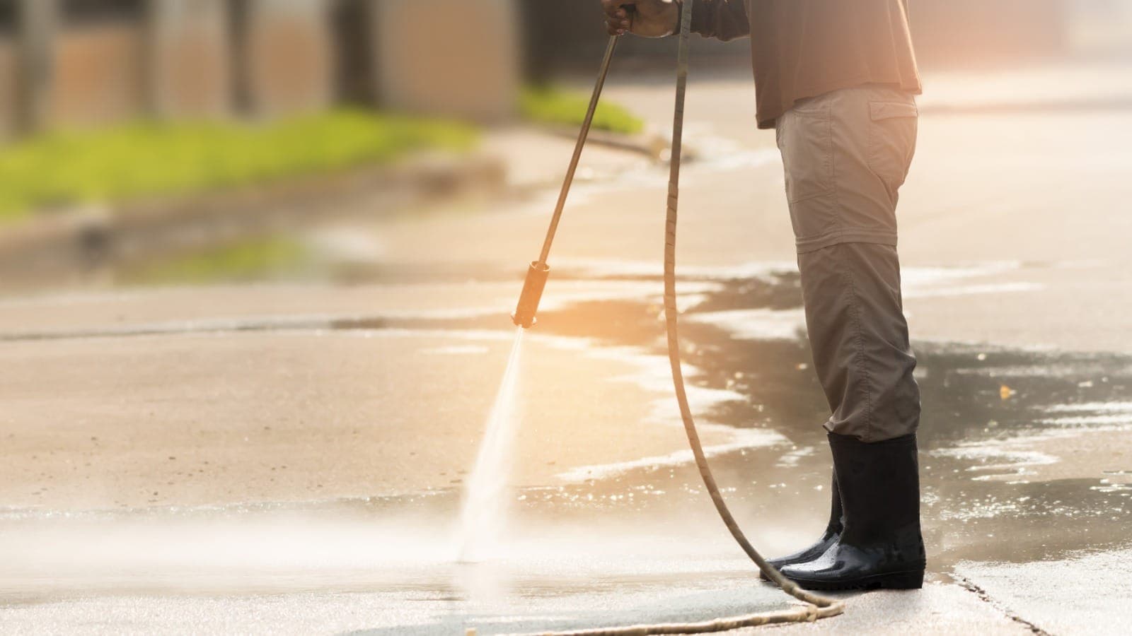 High-pressure spray cleaning a residential concrete driveway