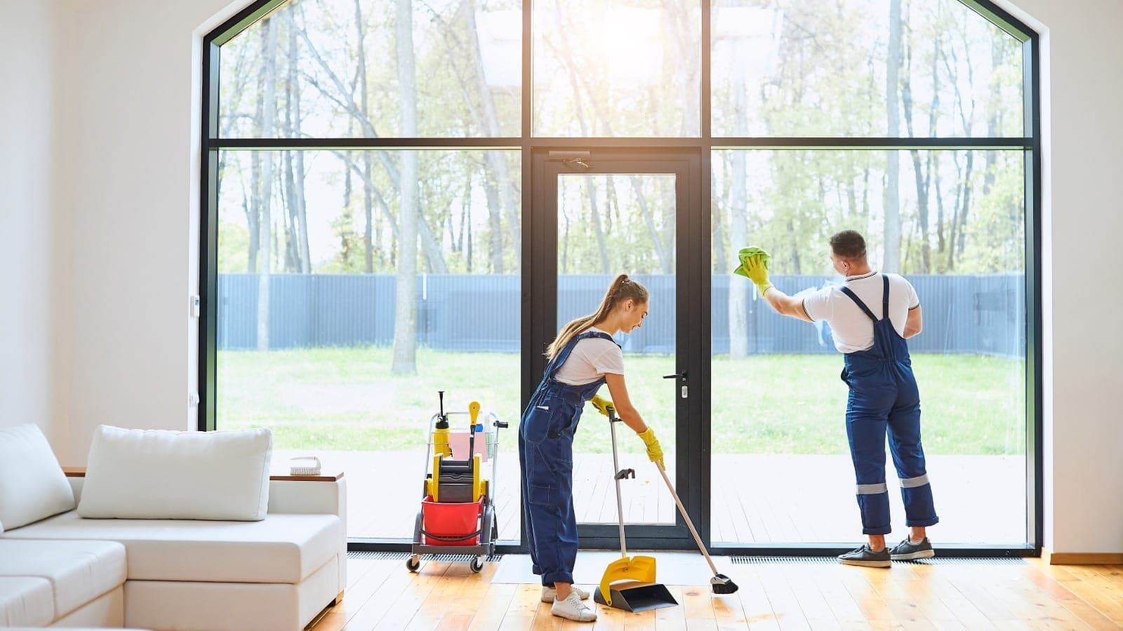 Two cleaners working through a modern empty house with cleaning gear