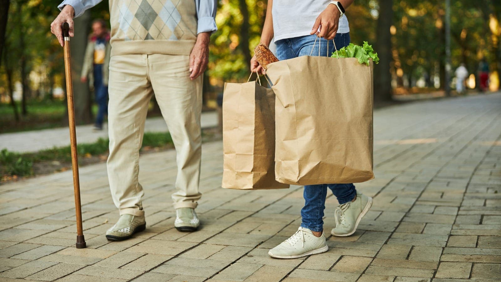 Carer carrying grocery bags walking alongside an older person with a cane