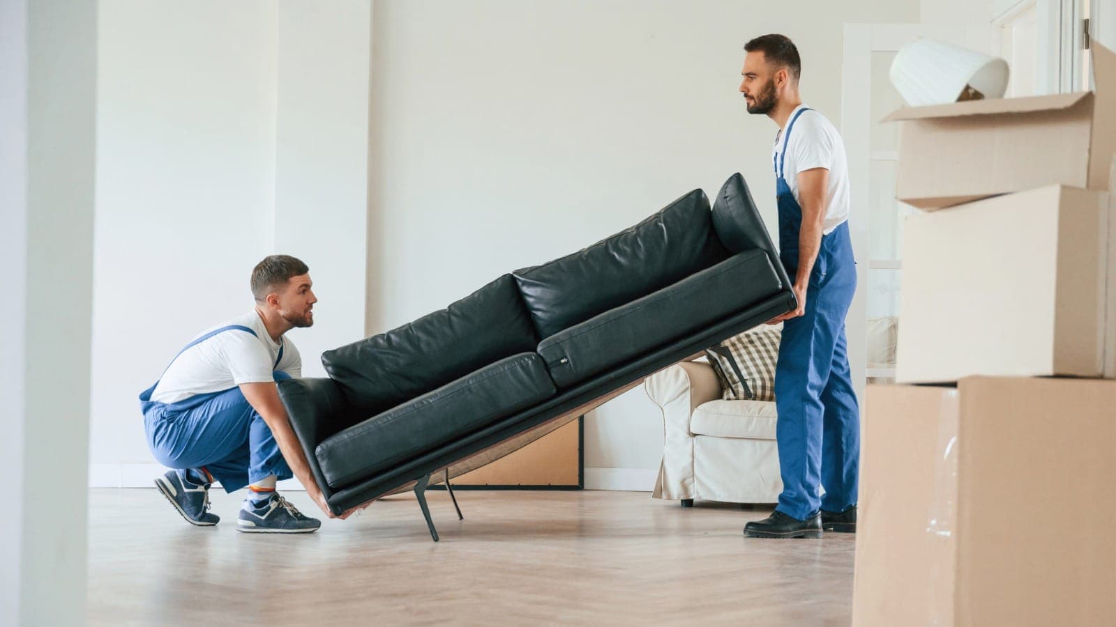 Two removalists in matching overalls lifting a leather sofa during a move