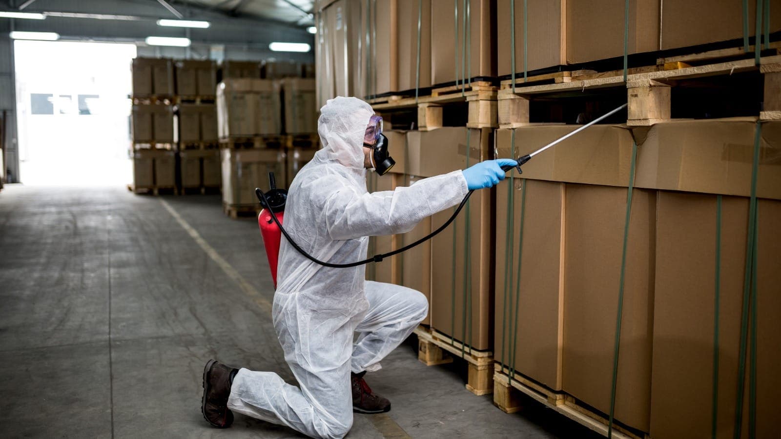Pest control operator in protective gear spraying treatment in a warehouse