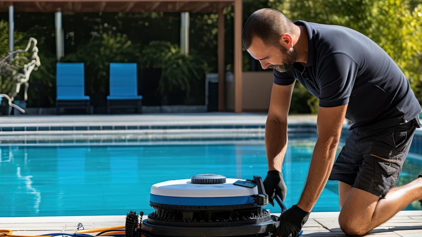 Pool technician kneeling beside a swimming pool with cleaning equipment