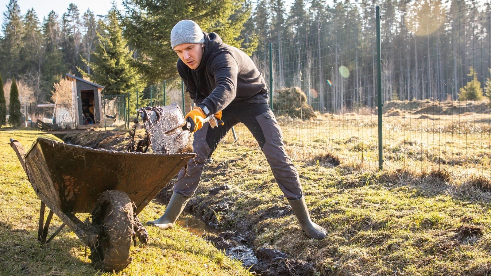 Worker loading cleared debris into a wheelbarrow on a rural property