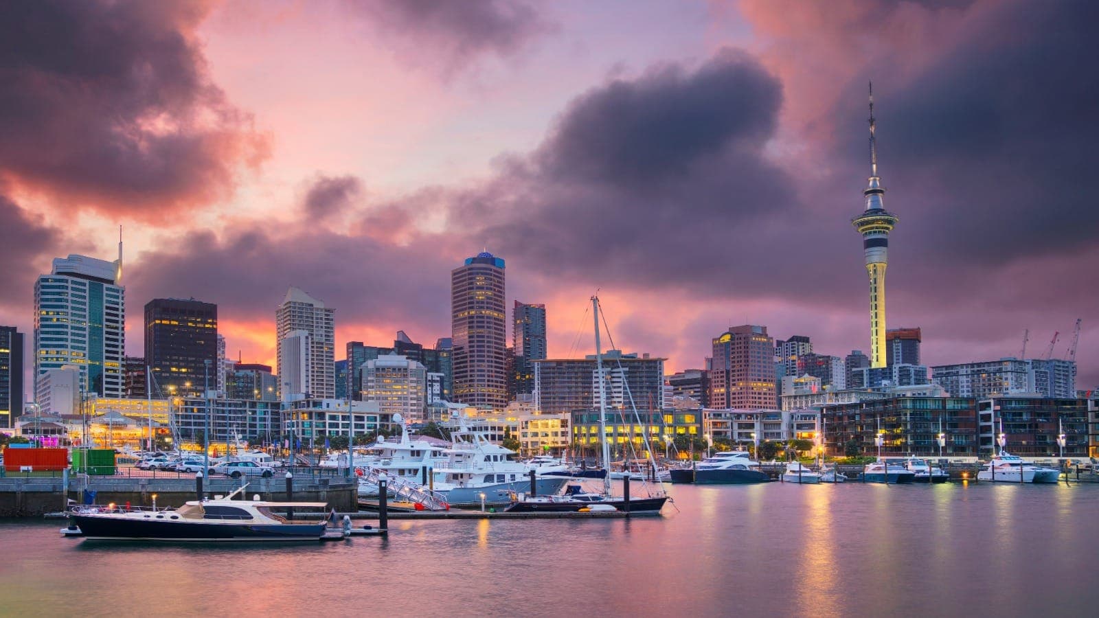 Auckland skyline at sunset with the Sky Tower over the harbour and marina